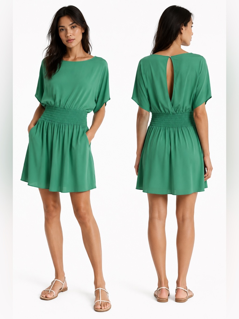Wilfred 100% Silk Green Dress with Pockets | Smocked Waist | Size XS
